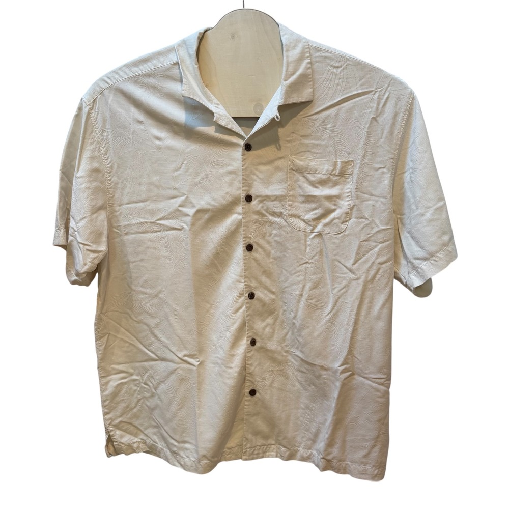 Tommy Bahama Mens XXL Cream 100% Silk Tropical Palm‎ Jacquard Short Sleeve Shirt